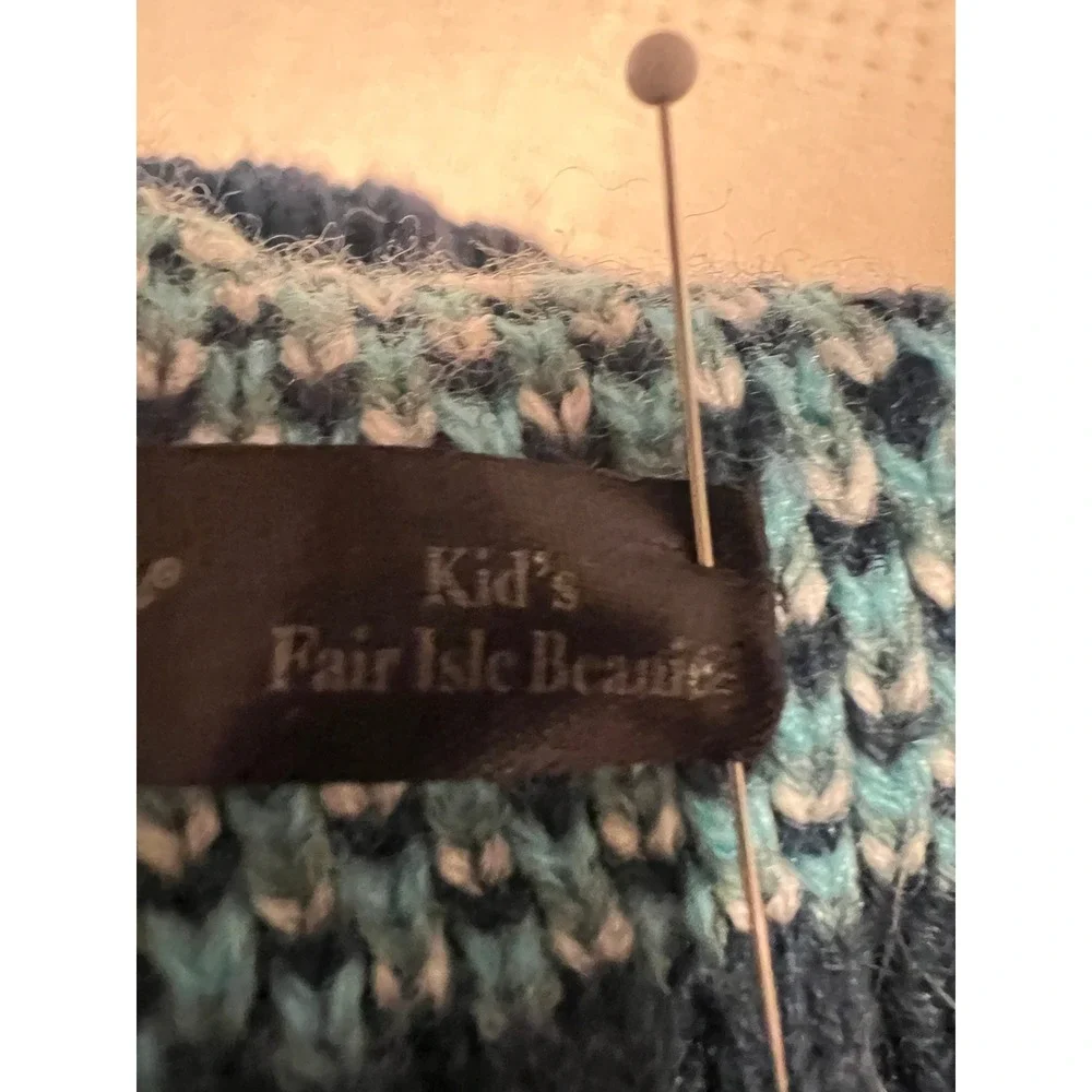 Britt's Knits Kids‎ Fair Isle Beanie Hat Blue Teal White Knit